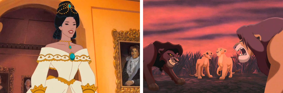Pocahontas 2 : Un Monde nouveau - Tom Ellery, Bradley Raymond - 1998 (à gauche) / Le Roi Lion 2 : L'honneur de la tribu - Darrell Rooney, Rob LaDuca - 1998 (à droite)